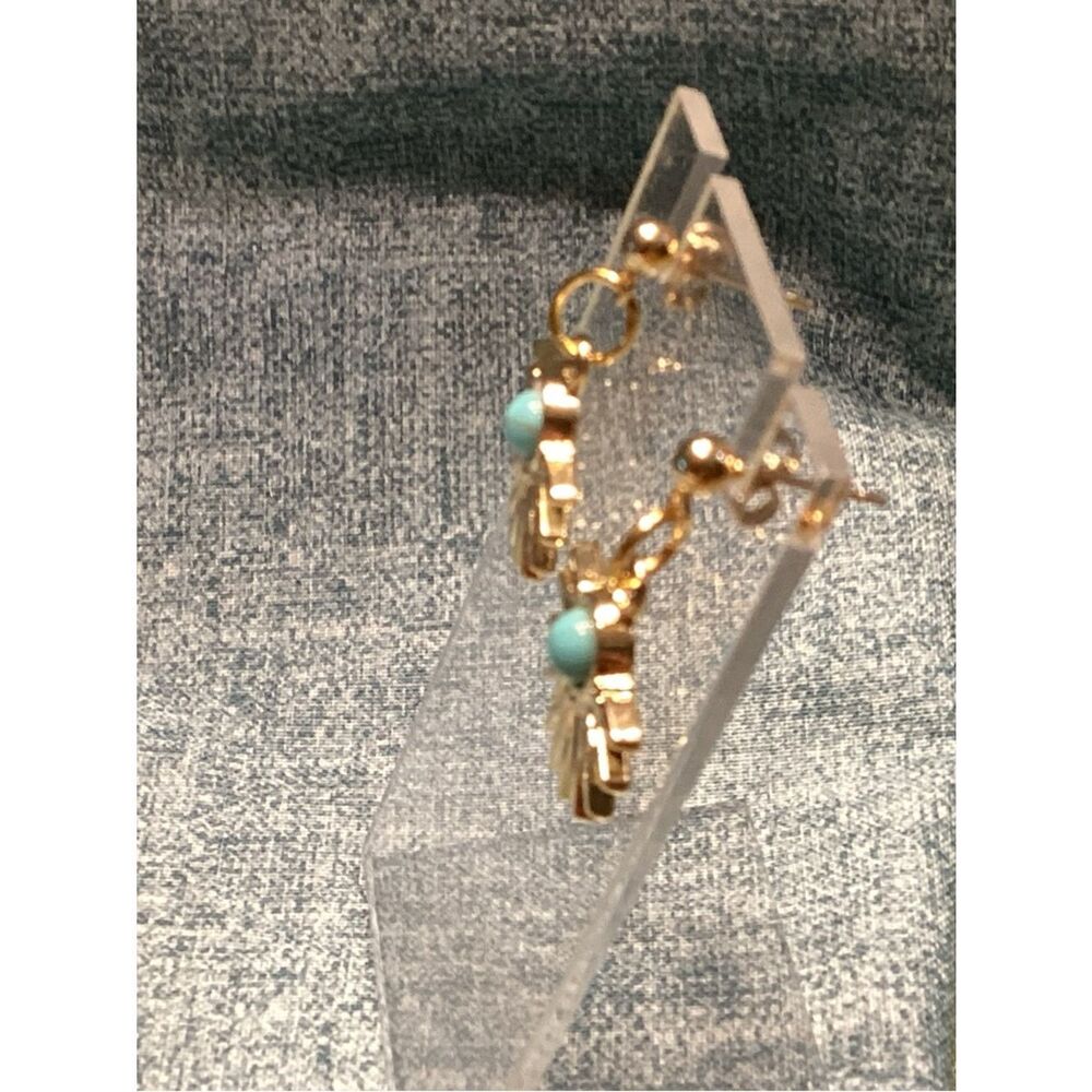 NWOT. Goldtone Sunburst Dangle Earrings with Faux Turquoise Center - Picture 5 of 8